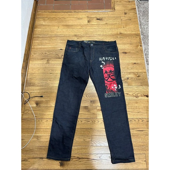 deKryptic Smiley Painted Dark Denim Jeans Graphic Print Men’s Size 42/34 NWT - Picture 1 of 7